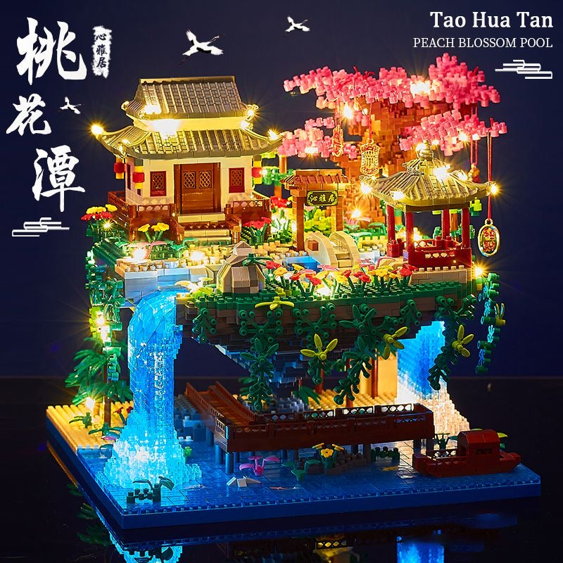 Lego de casa con cascada con luz