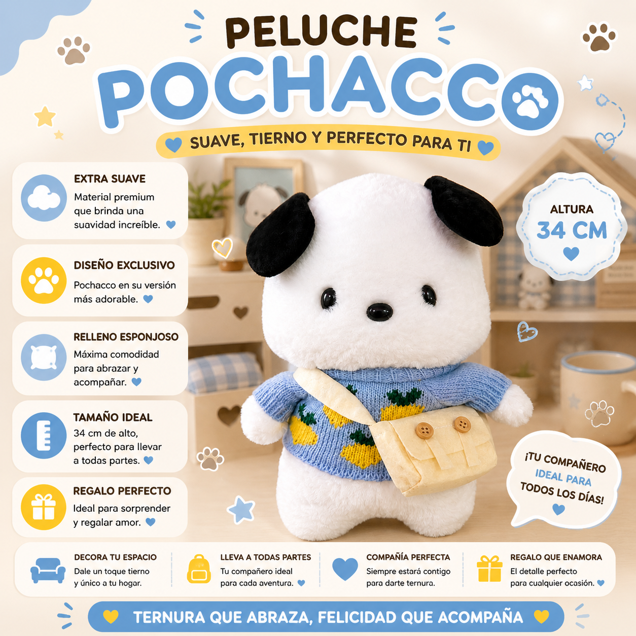 Peluche Pochacco con suéter azul