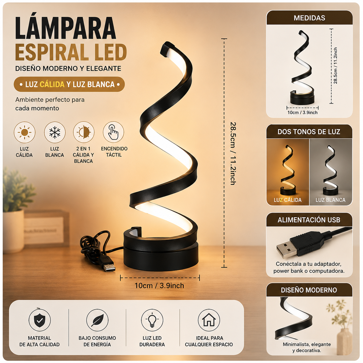 Lámpara led de mesa espiral
