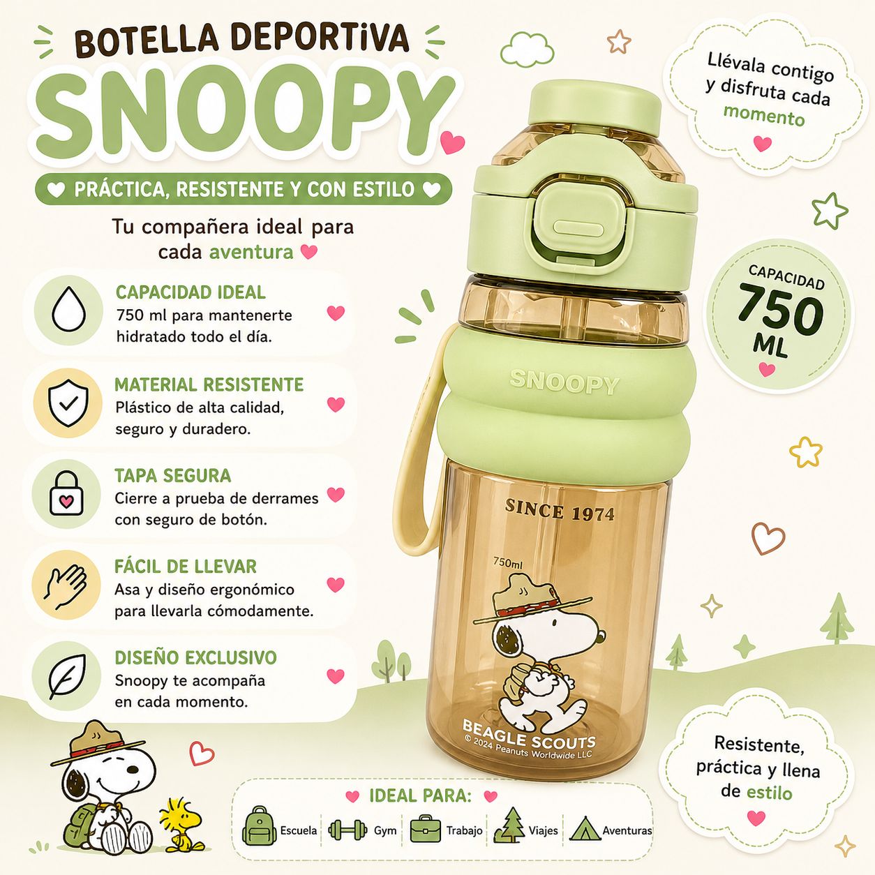 Botella Verde Snoopy Camper